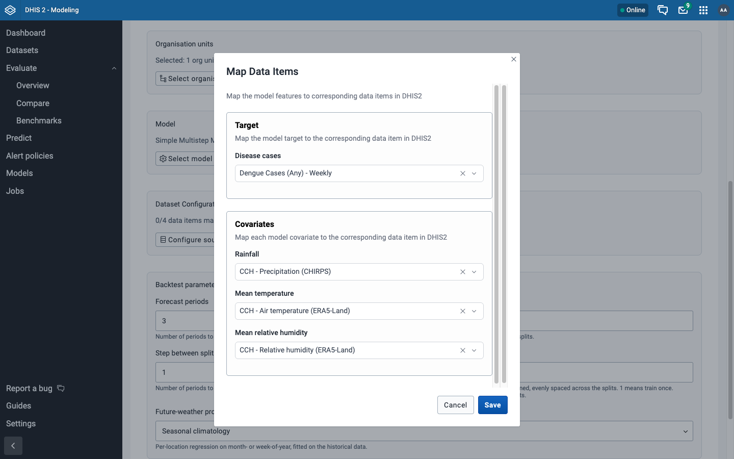 Mapping the model inputs to DHIS2 data