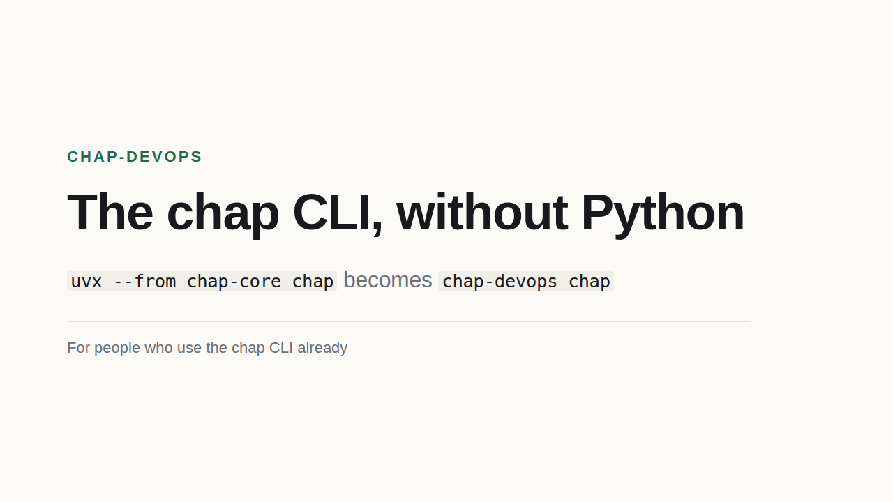 Title slide: the chap CLI, without Python
