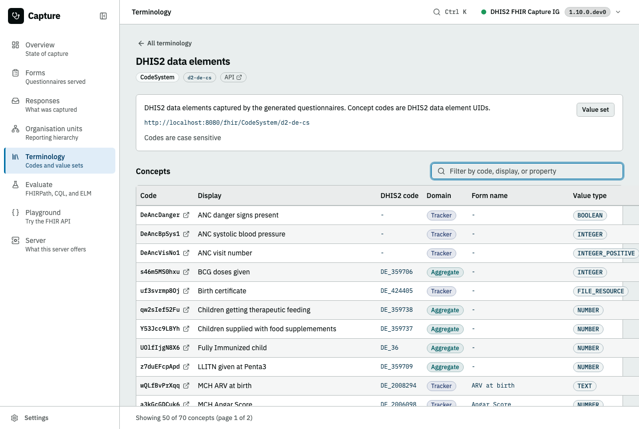 One code system: a concept per row with its code, its display, the DHIS2 identifier it carries, and the value type, over a filter across all of them