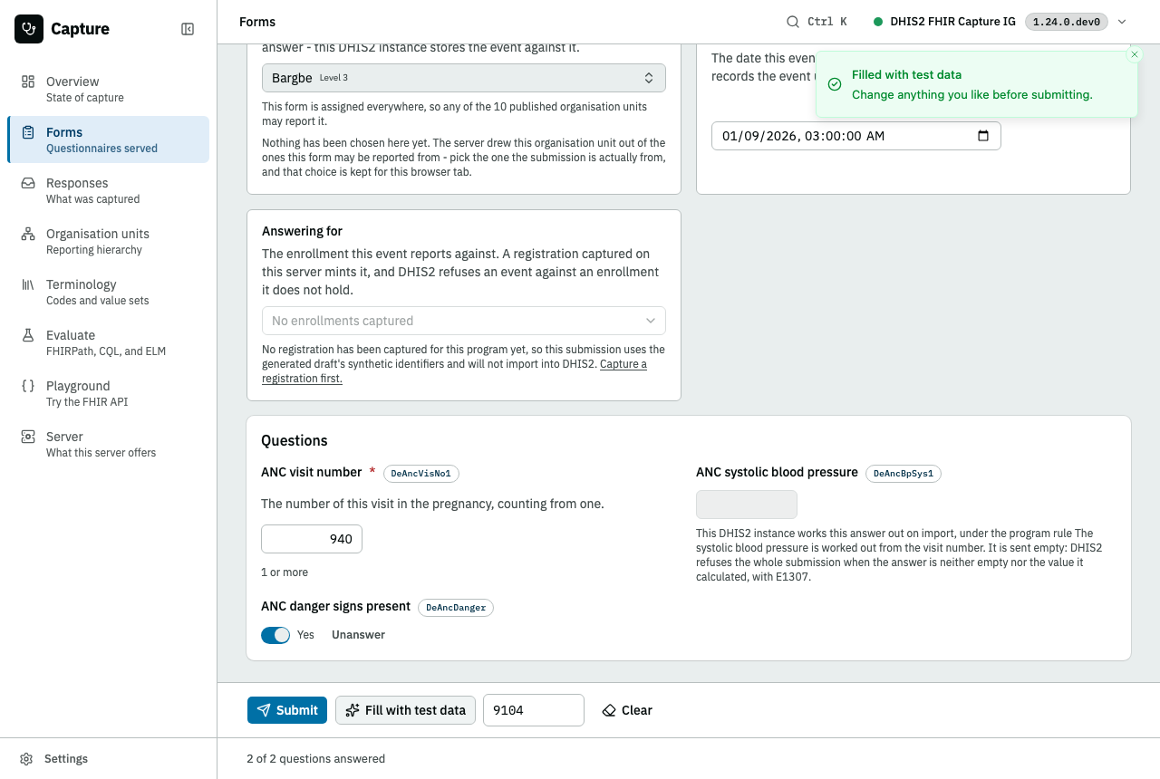 A stage form's computed question: the control taking no answer, naming the program rule this DHIS2 instance works the value out under, with the two questions the submission actually asks counted at the foot of the page