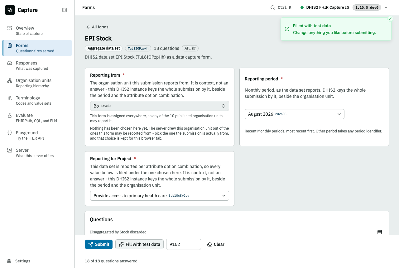 An aggregate form filled with test data, with the Reporting from picker and the attribute option combo picker above the questions