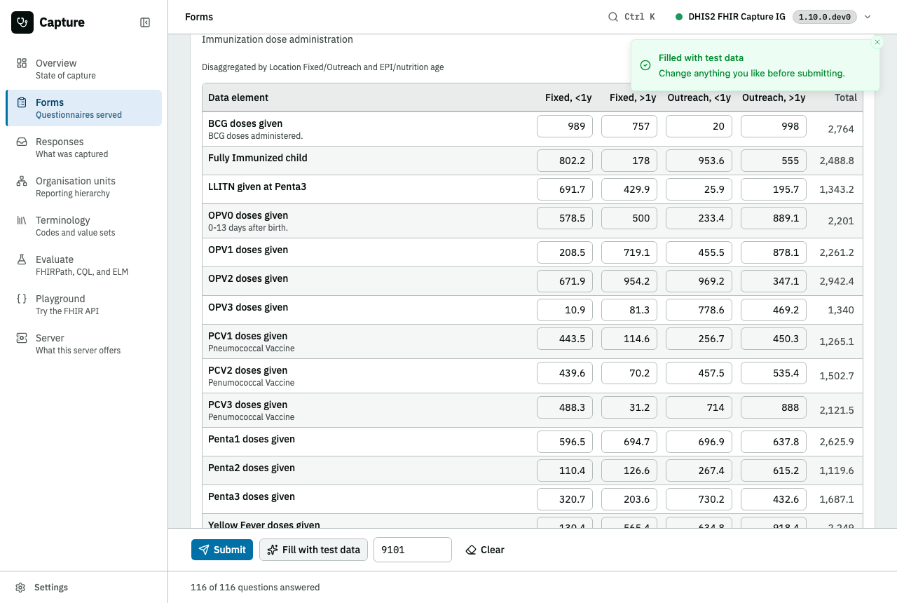 A run of data elements as a table: the elements down the rows, the category option combos across the columns, and a muted Total closing each row