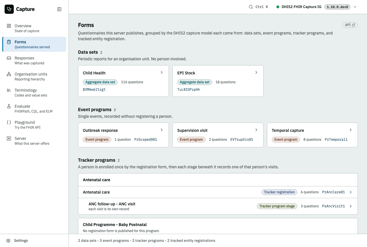 The forms list: the four shelves - data sets, event programs, tracker programs, and tracked entity registration - as sections of cards, each card carrying its kind as a tinted badge with the question count and id beside it