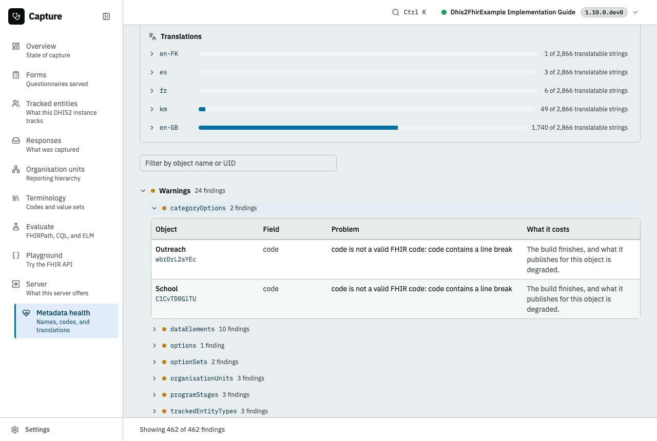 One severity opened onto the DHIS2 collections under it, and one collection opened onto its findings table: the object and its uid, the field at fault, the problem, and what the grade costs