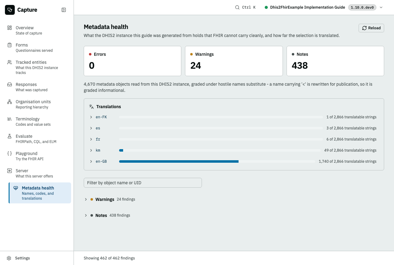 Metadata health as it opens: the three severity counts, how many objects were read and which hostile-names posture they were graded under, the translation coverage per locale, and the severity shelves closed under the filter box