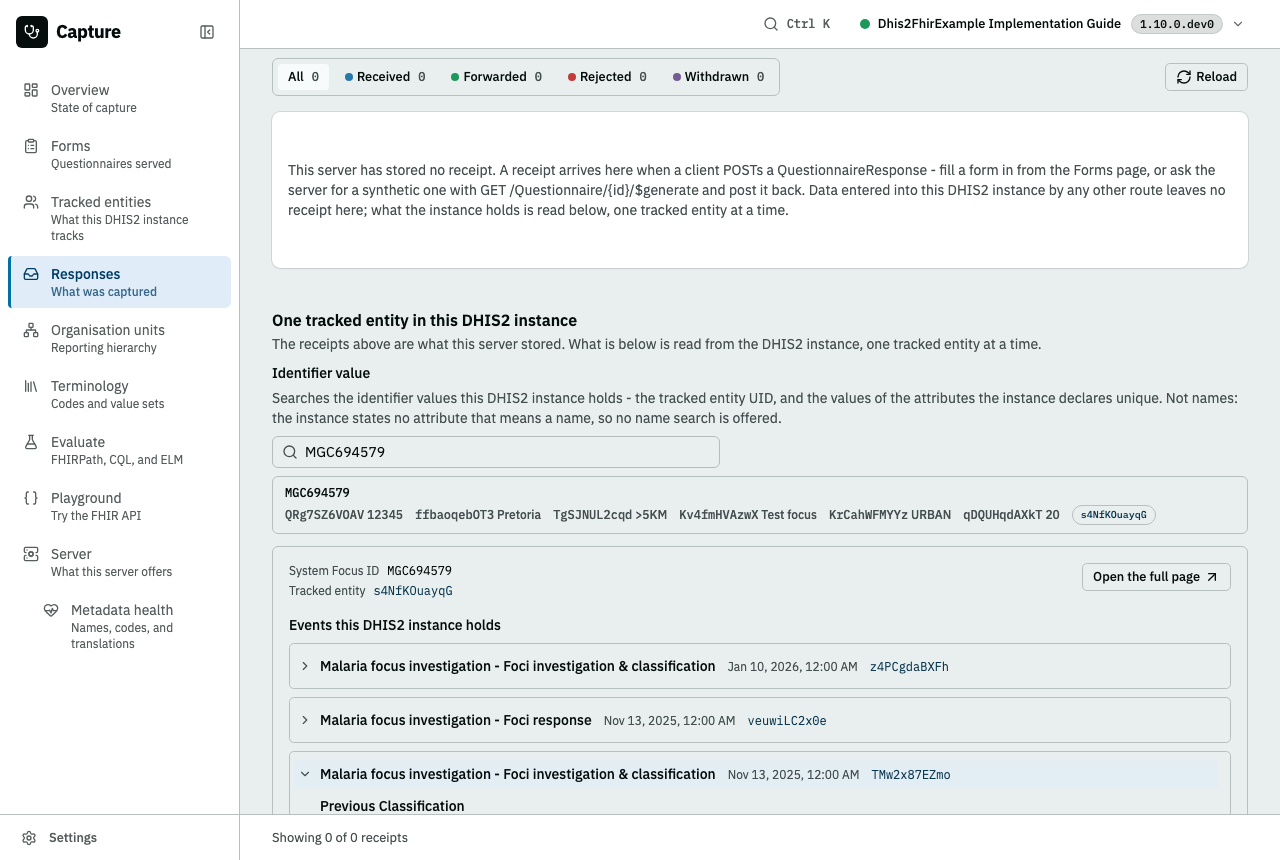 The Responses page of a live run holding no receipt yet: the empty spool said as the fact it is, and under it one tracked entity found by an identifier value, with one of their events opened onto the answers this DHIS2 instance holds