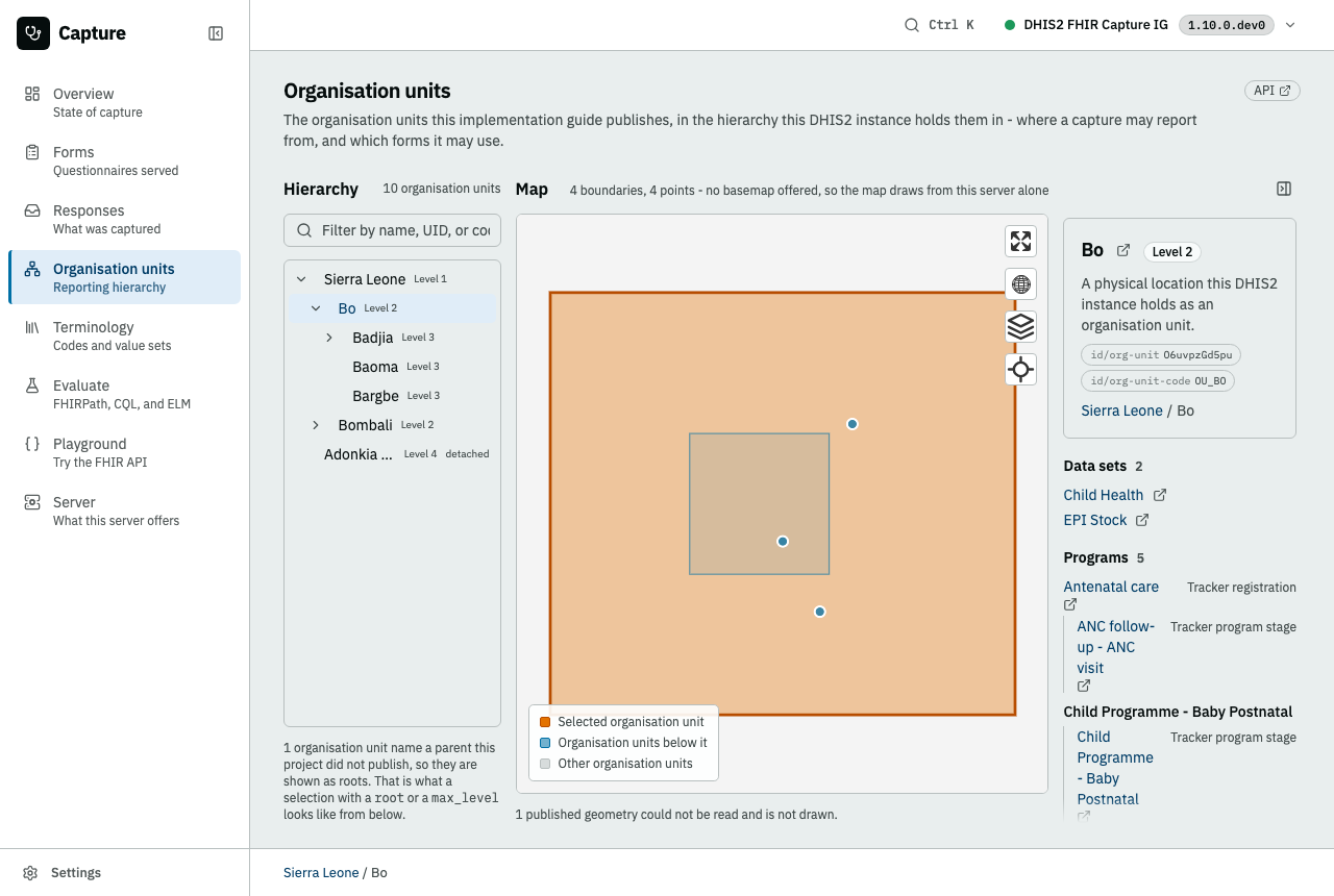 Organisation units in three panes: the hierarchy tree, the map with the selected organisation unit lit against the organisation units below it, and the rail naming that organisation unit and the forms reportable at it