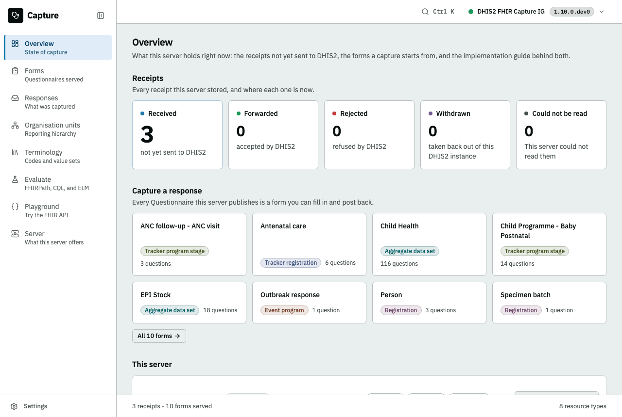The Overview: the receipt counts one per lifecycle state, the served forms as cards that open them, and the strip naming the guide this server serves