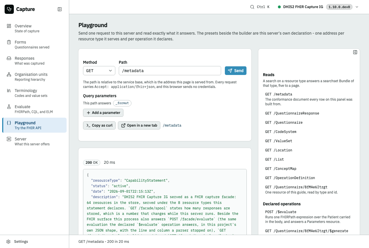 The Playground after a send: the builder with the path and the parameters this path answers, the presets read off this server's own declaration, and the status code, the round trip, and the body underneath