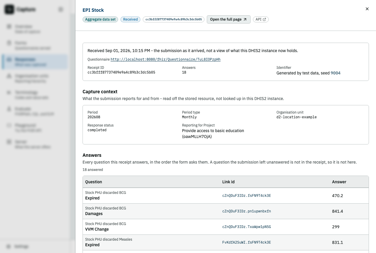 A receipt as a sheet over the Responses table, headed by the form it answers, with Open the full page beside its lifecycle badge