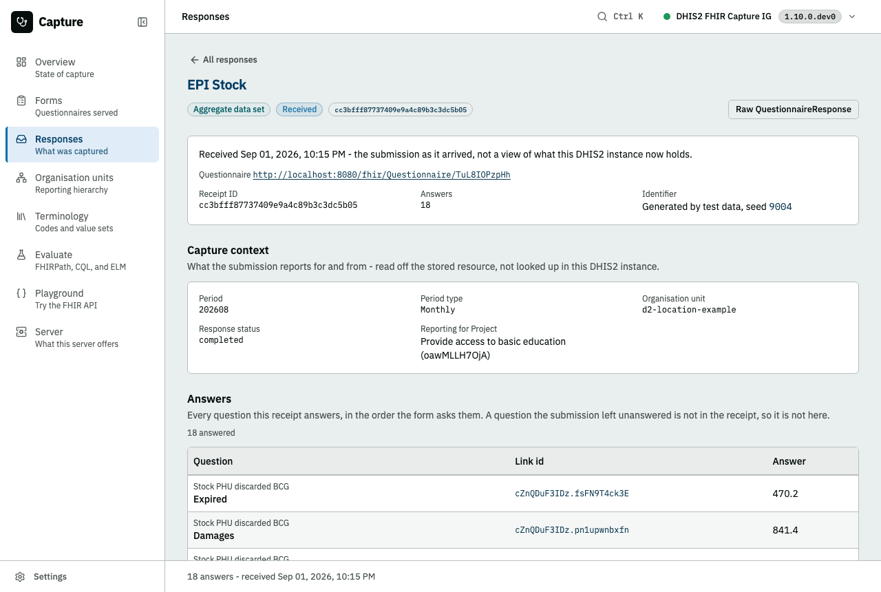 A receipt at its own address: lifecycle badge, capture context, and the answers joined to the questions