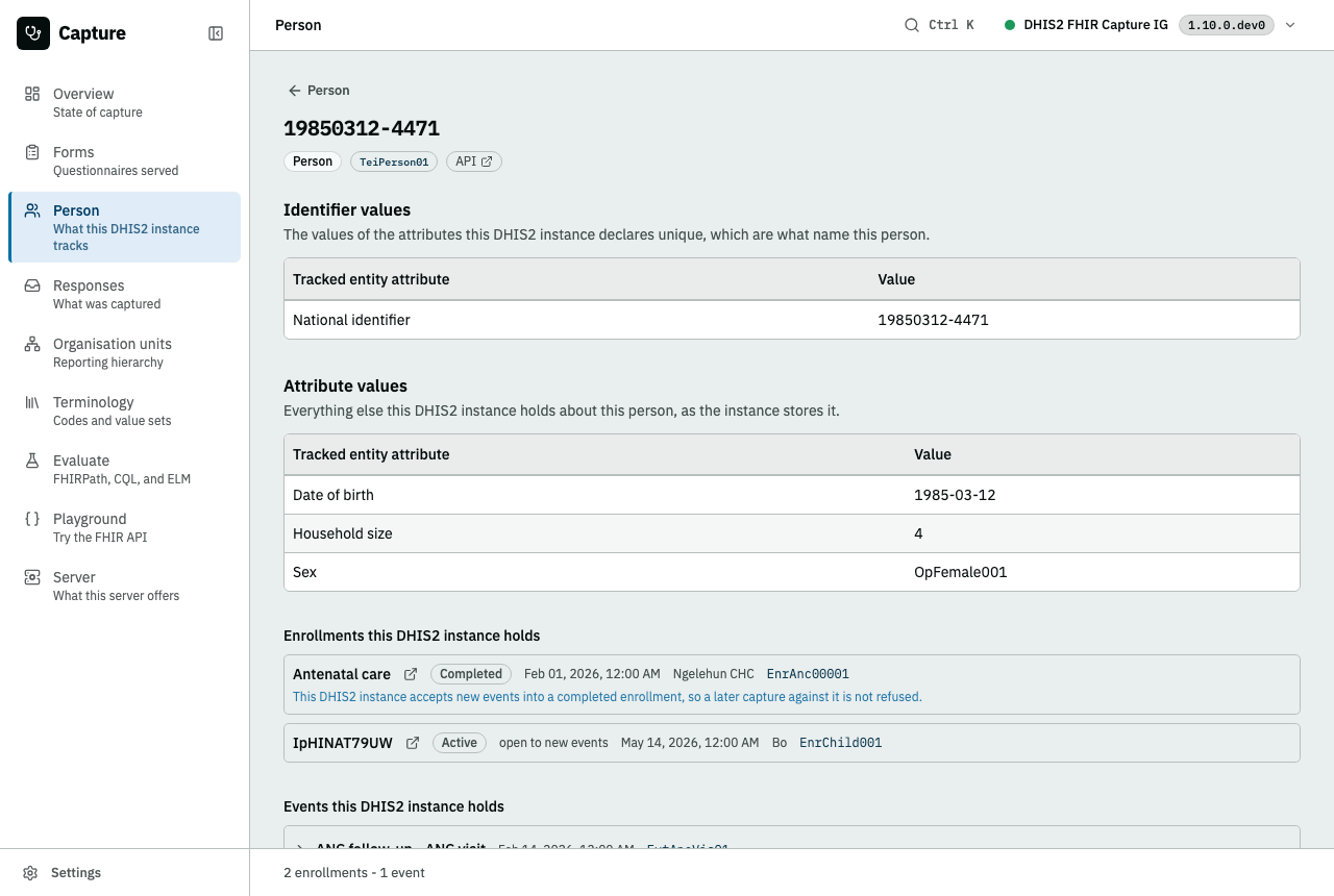 One person in the register: the identifier values that name them, every attribute value this DHIS2 instance holds, and the programmes they are enrolled in
