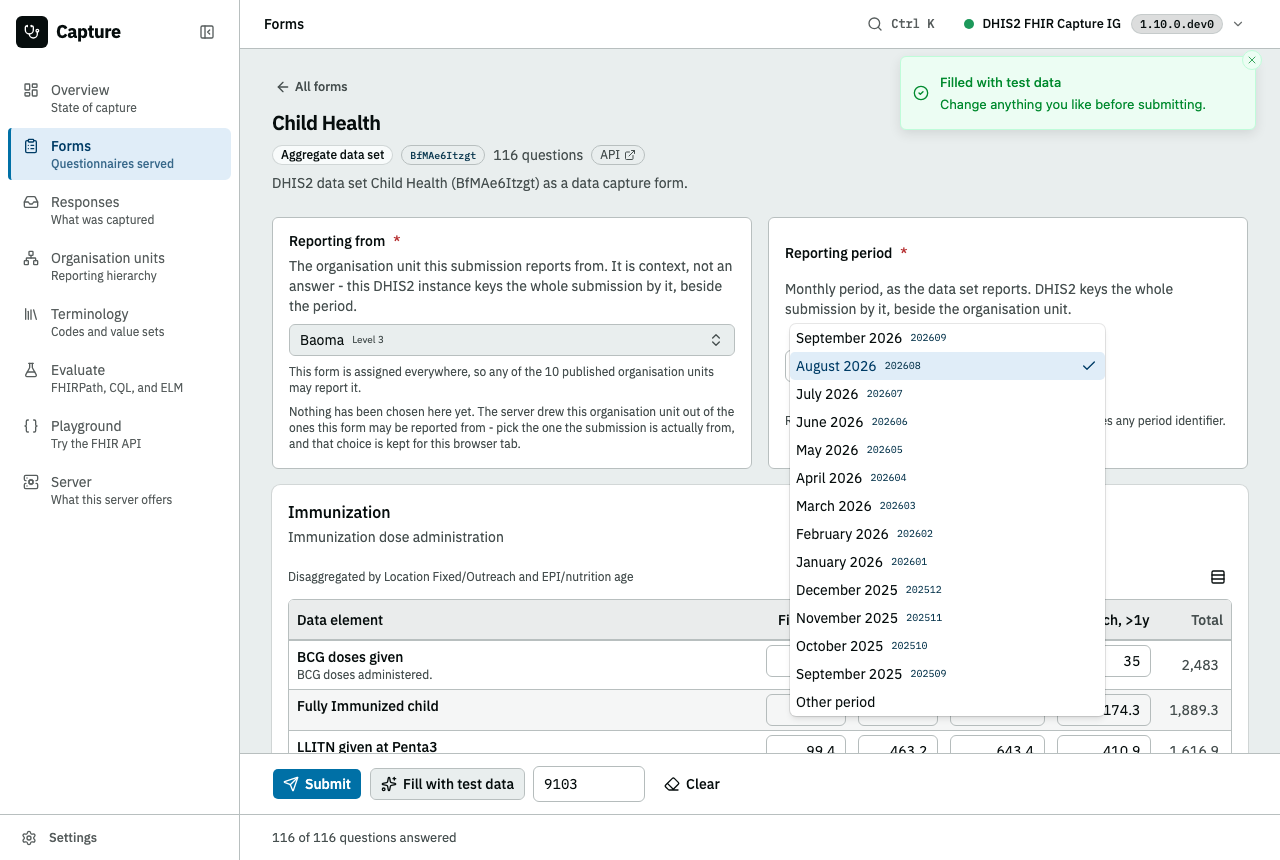The reporting period open: the recent months of the data set's period type, each with the identifier DHIS2 keys by beside it, and Other period at the foot