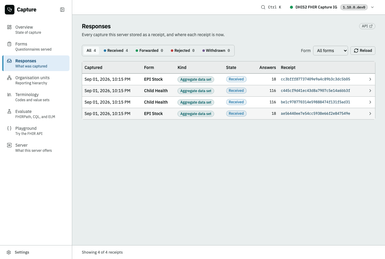 The Responses table: the lifecycle states as a filter row carrying their own counts, and a row per receipt with what it answers and where it is now