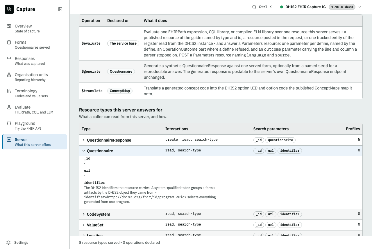The Server page with one resource type unfolded, the operations declared above it and each search parameter's contract stated under the type