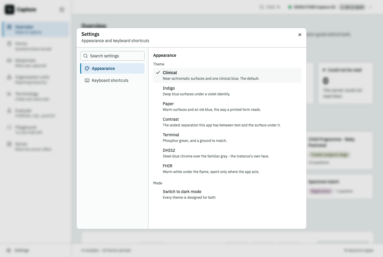 The settings dialog on Appearance: the sections down the left, the seven themes each with what it looks like, and the mode switch under them