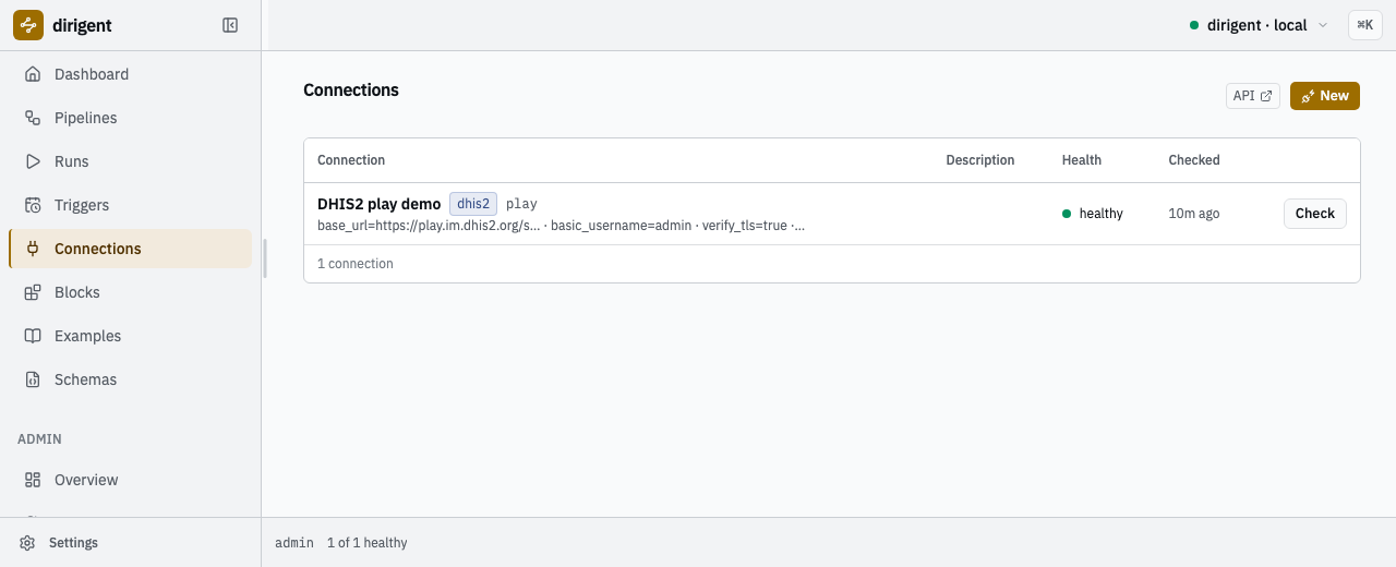 The Connections screen with one row: DHIS2 play demo, kind dhis2, code play, healthy, checked ten minutes ago.