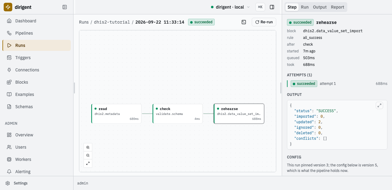 The run in the UI with the rehearse step selected, its output showing the import summary.