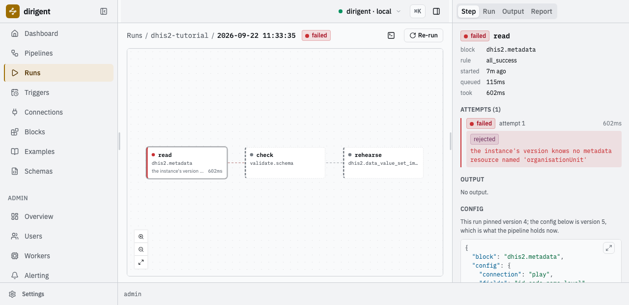 The failed run in the UI: the read step rejected, with the message from the instance, and the two steps behind it skipped.