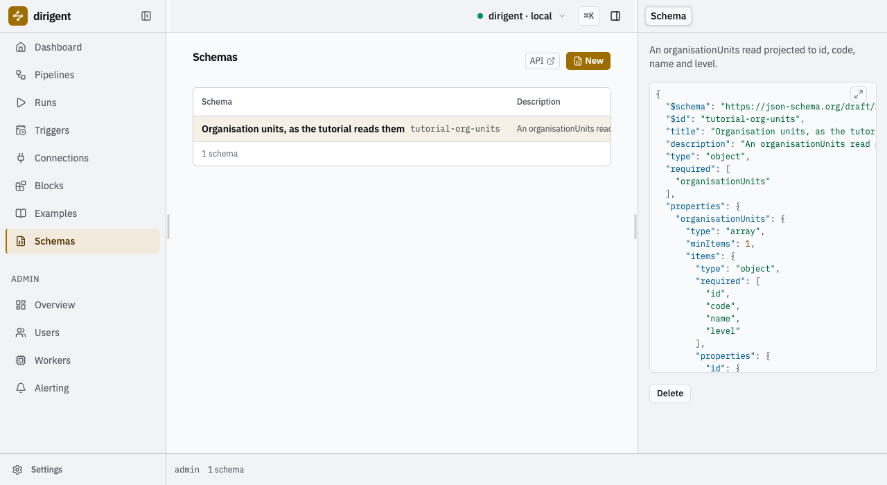 The Schemas screen with the tutorial's schema selected, its JSON shown beside the list.