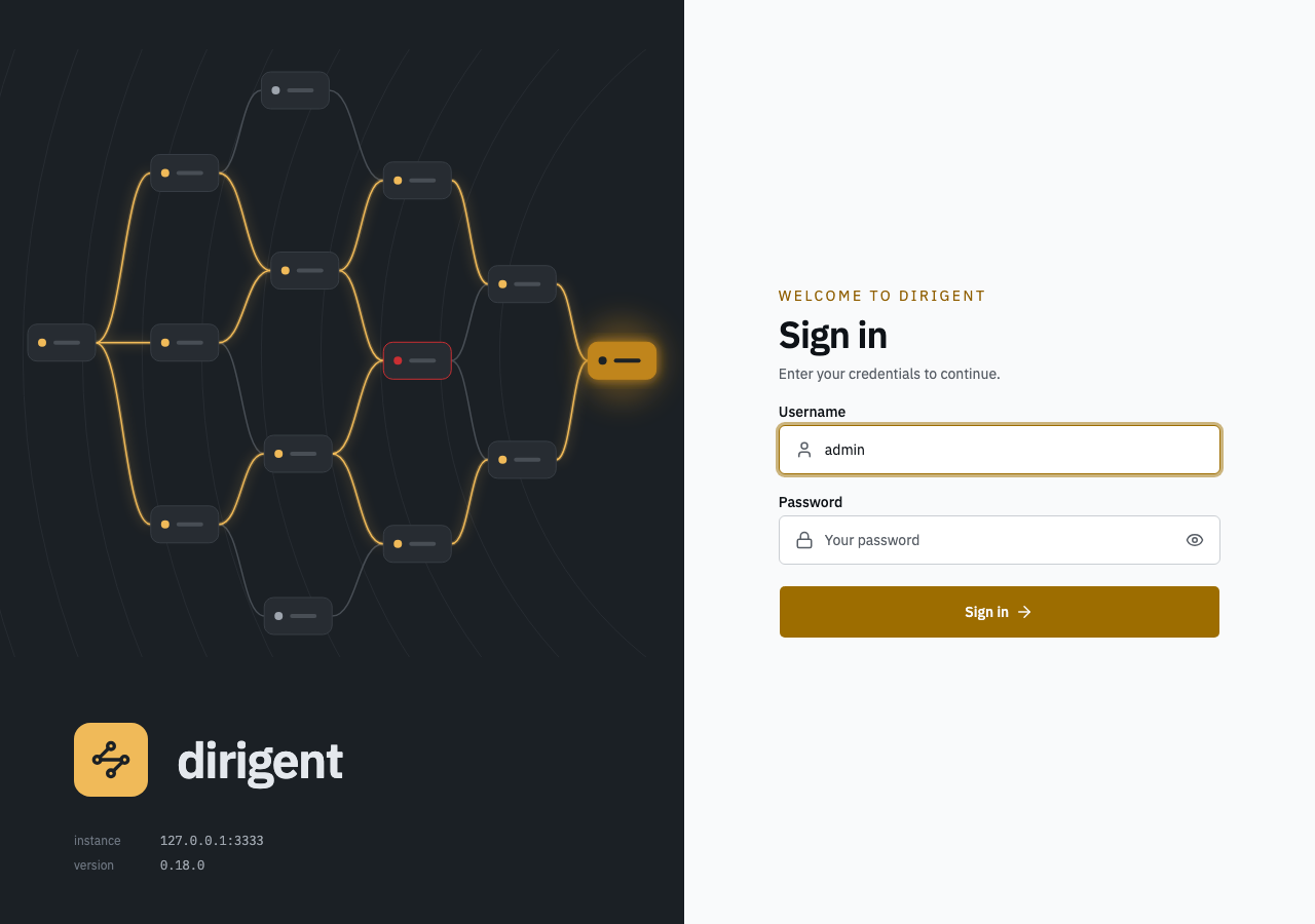 The dirigent sign-in screen at 127.0.0.1:3333, with the username admin filled in.