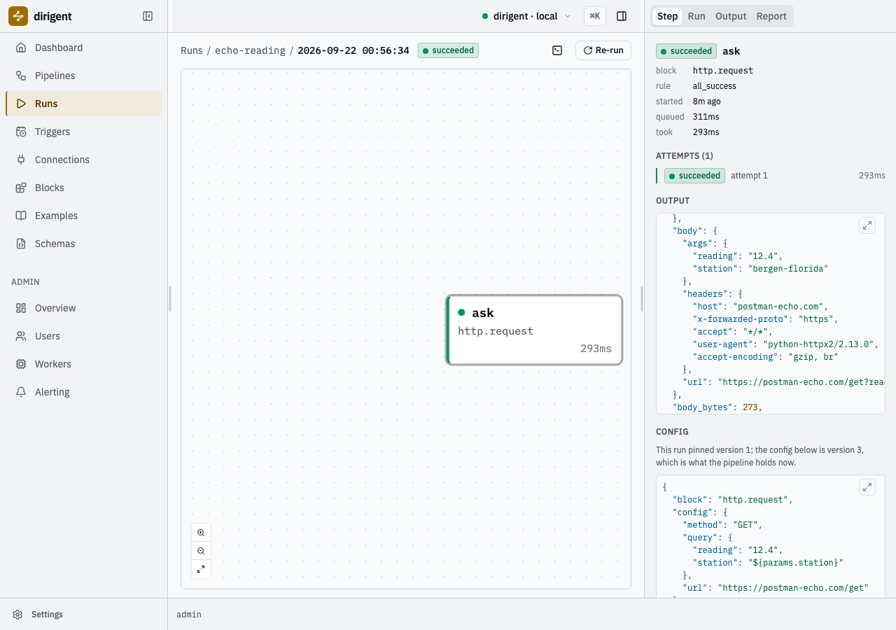A run in the UI: one step named ask, succeeded in 356 milliseconds, its output showing the echoed args.