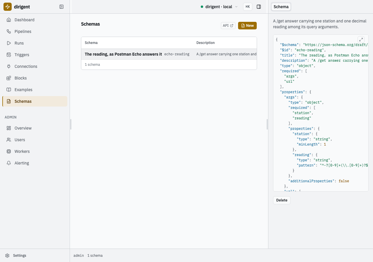 The Schemas screen with the echo-reading schema selected, its JSON shown beside the list.