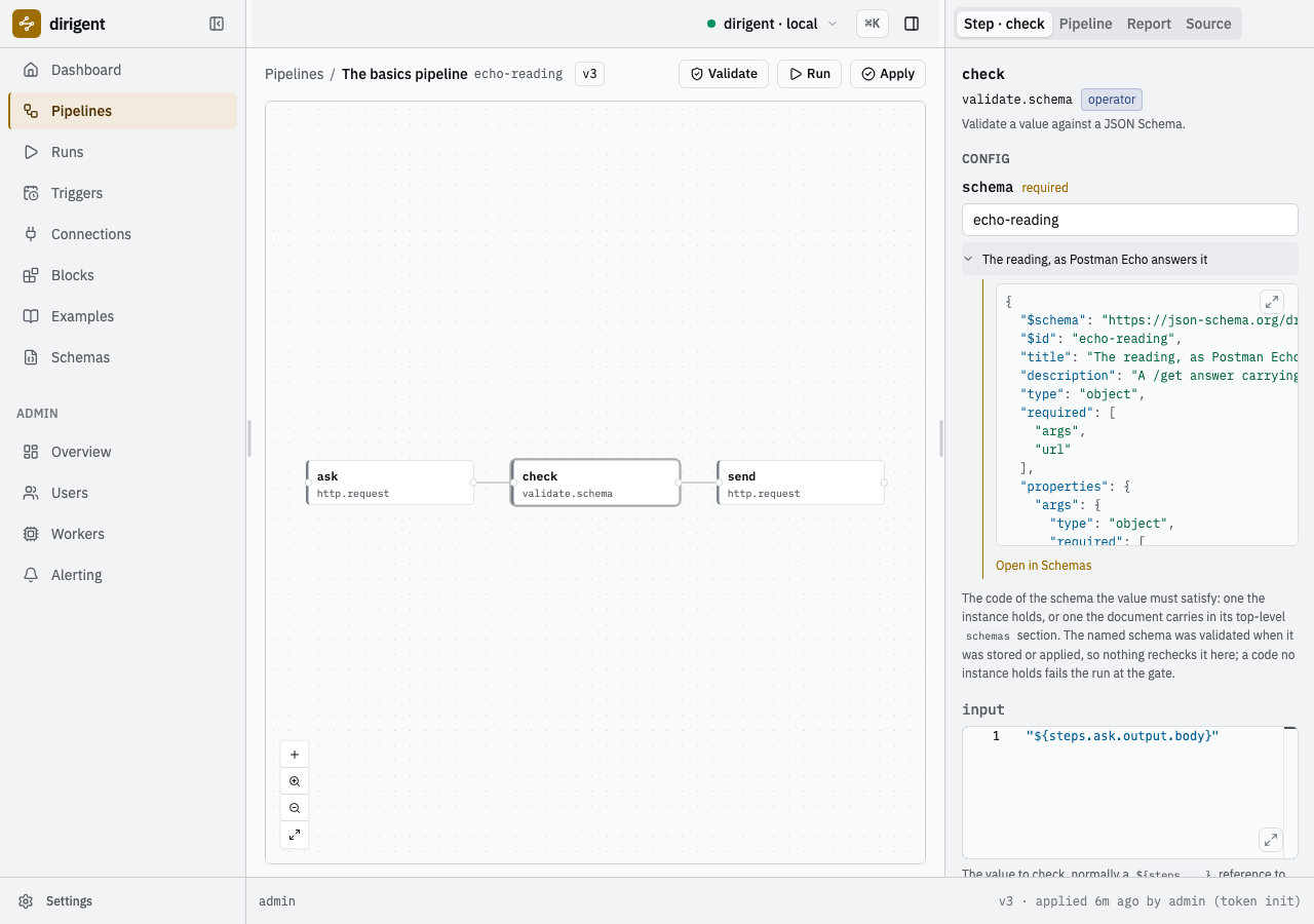 The pipeline editor with the check step selected, its schema box opened to the body of echo-reading.